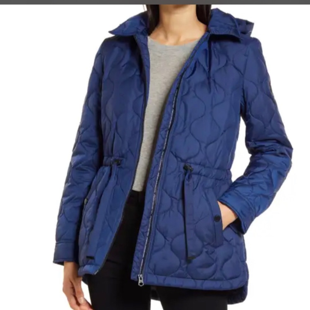 French Connection Blue Onion Quilted Hooded Coat- X-Large